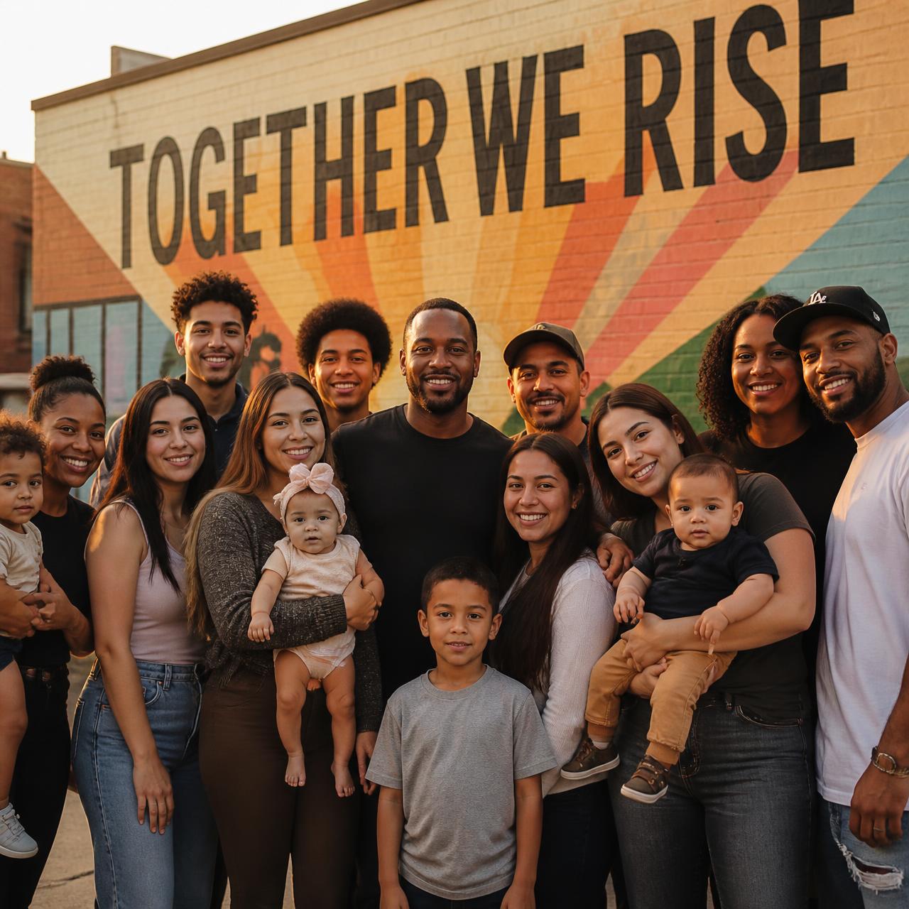 A diverse, multigenerational community of families and elders standing together with hope